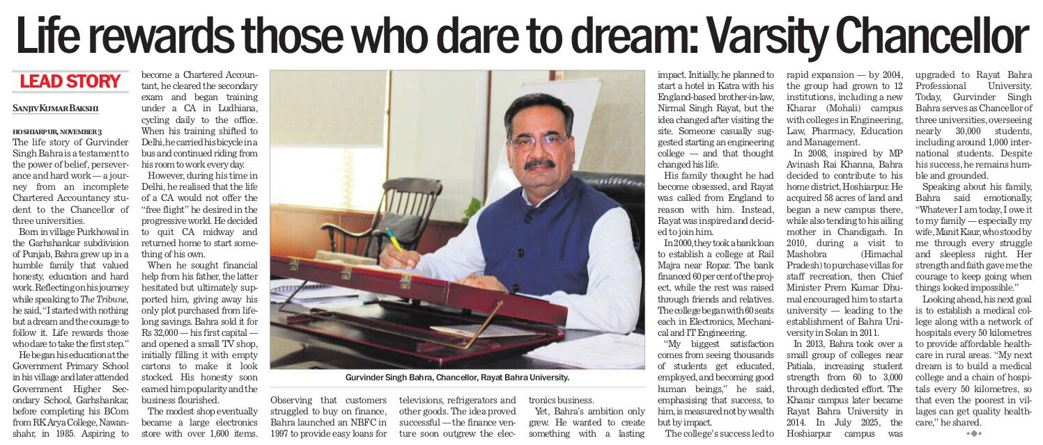 From Vision to Legacy: Gurvinder Singh Bahra’s Inspiring Journey Featured in The Tribune