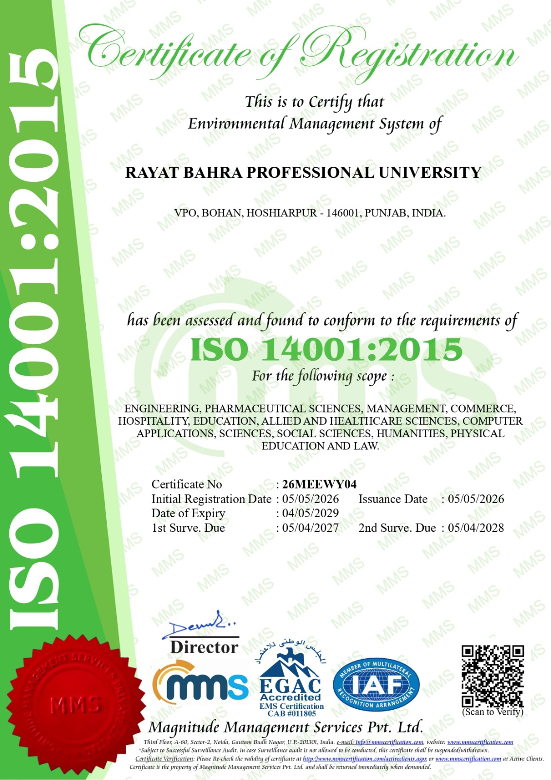 Rayat Bahra Professional University Achieves ISO 14001:2015 Certification for Environmental Excellence