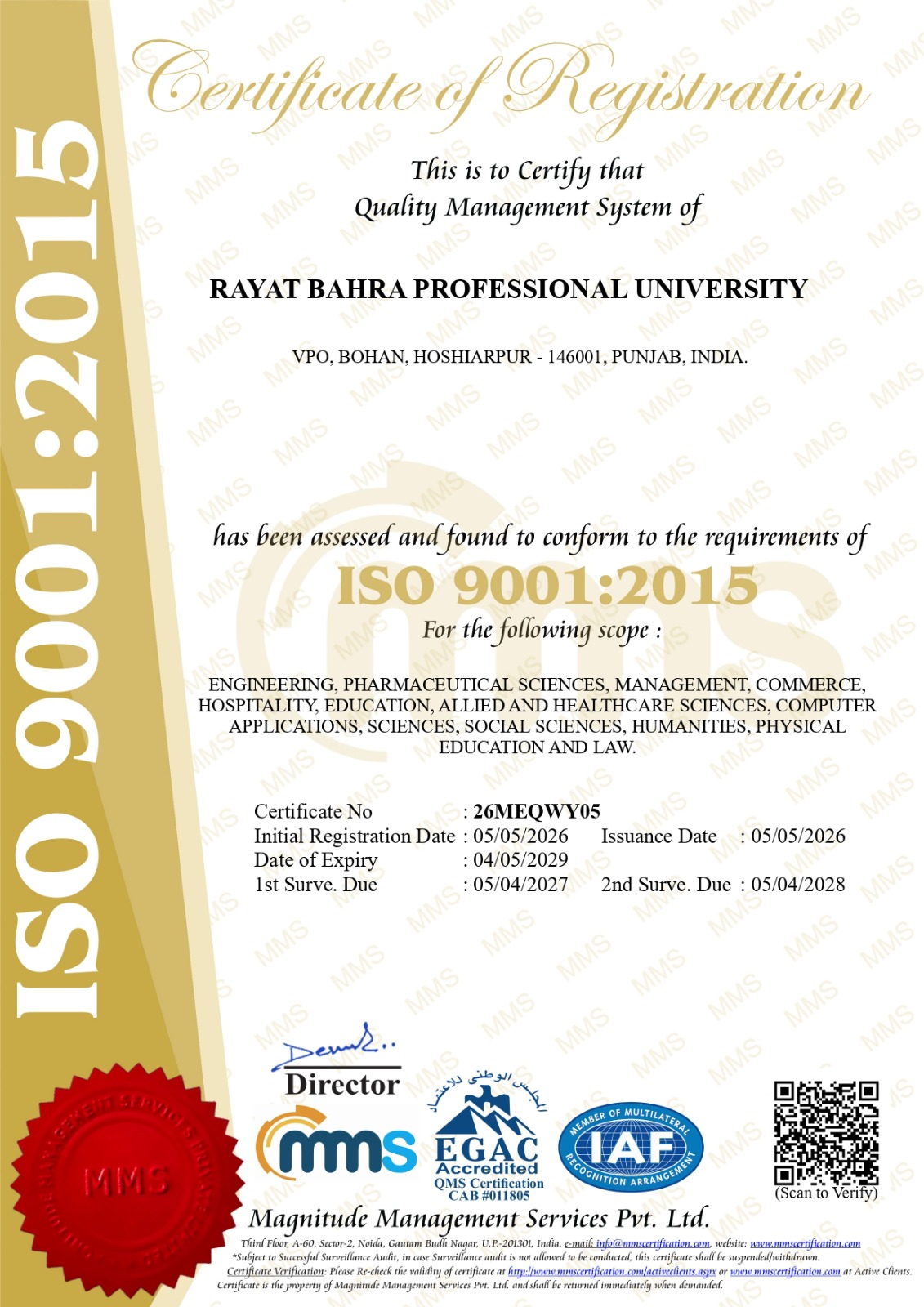 Rayat Bahra Professional University Achieves ISO 9001:2015 Certification for Quality Excellence